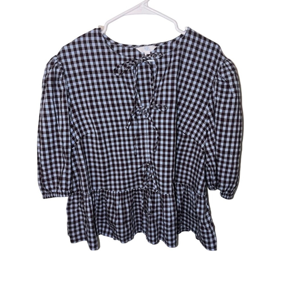 Time and Tru Womens XXL Gingham Peplum Blouse Blue Black Puff Sleeve Tie Front